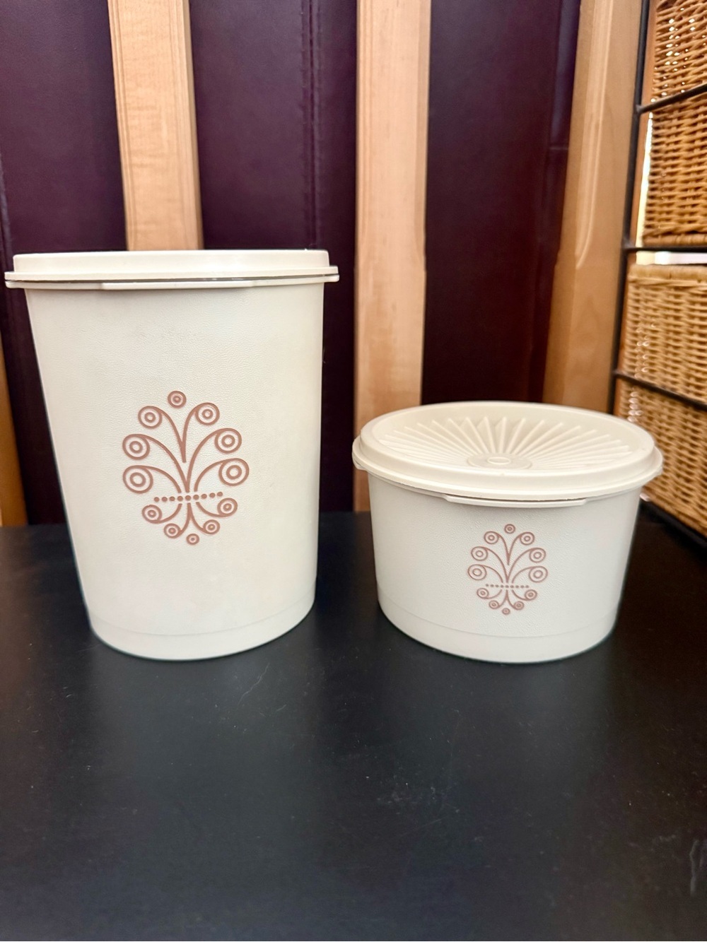 Vintage Tupperware Servalier Canister Set - Almond Brown Floral Scroll Design